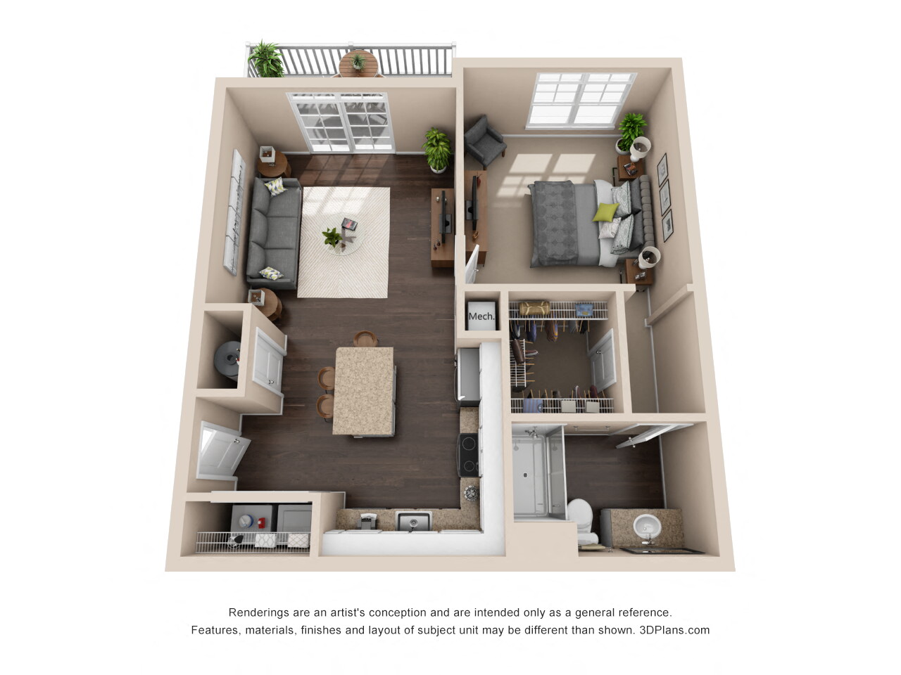 Floor plan for 1 bed, 1 bath, 743 sqft